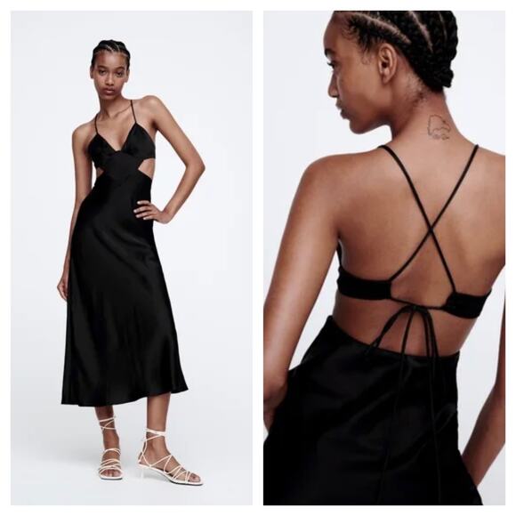 Zara Black Satin Cut Out Slip Maxi Dress Small Tie Back Cocktail Formal Wedding - Picture 2 of 13